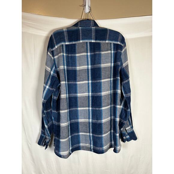 Baird McNutt Murano Linen Long Sleeve Mens L Button Up Dress Shirt Plaid Blue - Picture 4 of 6